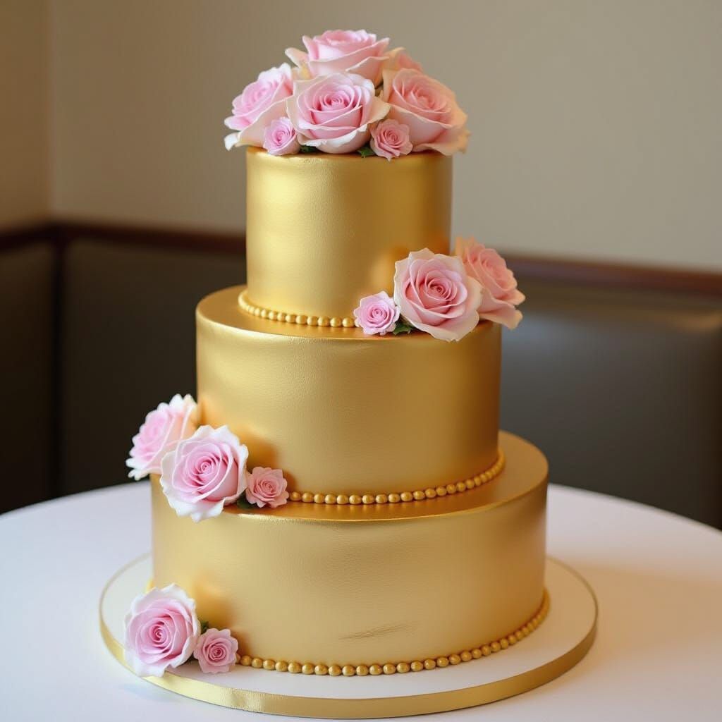 Golden Iced 5 Tier Cake Decorated with Roses