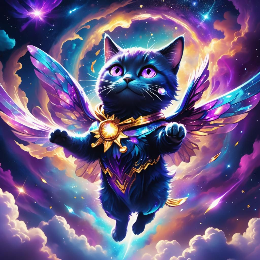 Cosmic Cat Superhero Flies Through Space