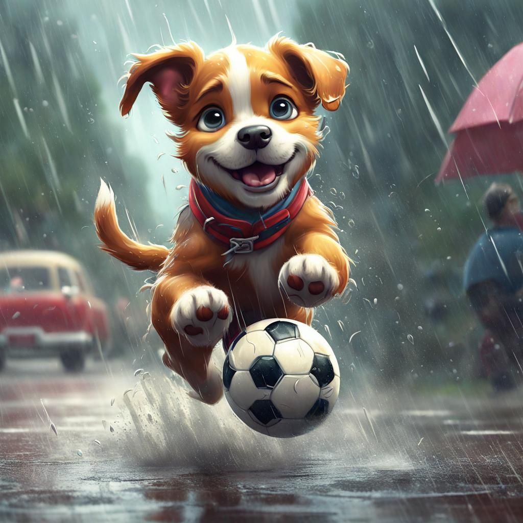 A cute puppy playing soccer in the rain