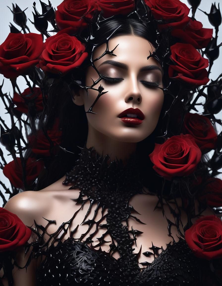 Woman with Rose Thorns in Hyperrealistic Splash Art