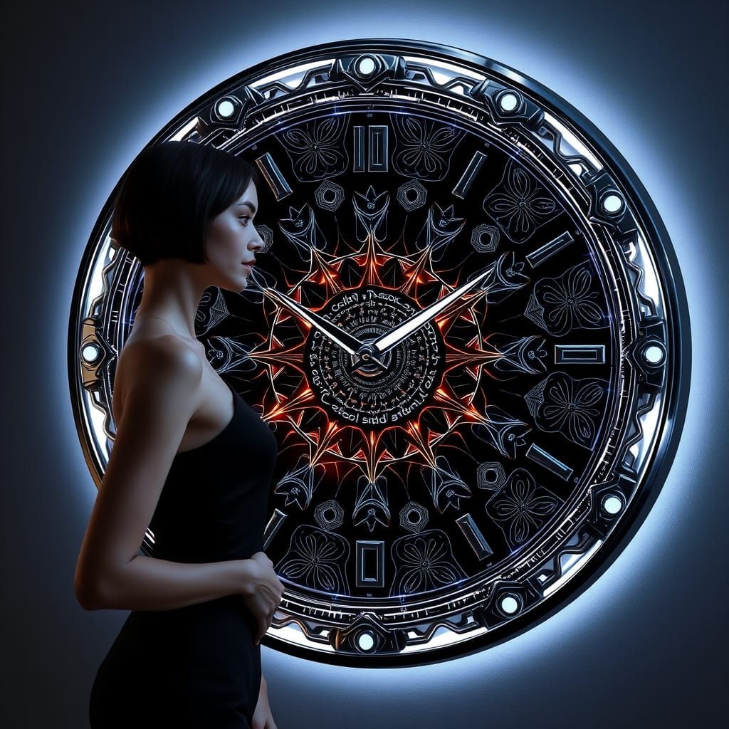 Futuristic Woman Amidst Advanced Timepiece