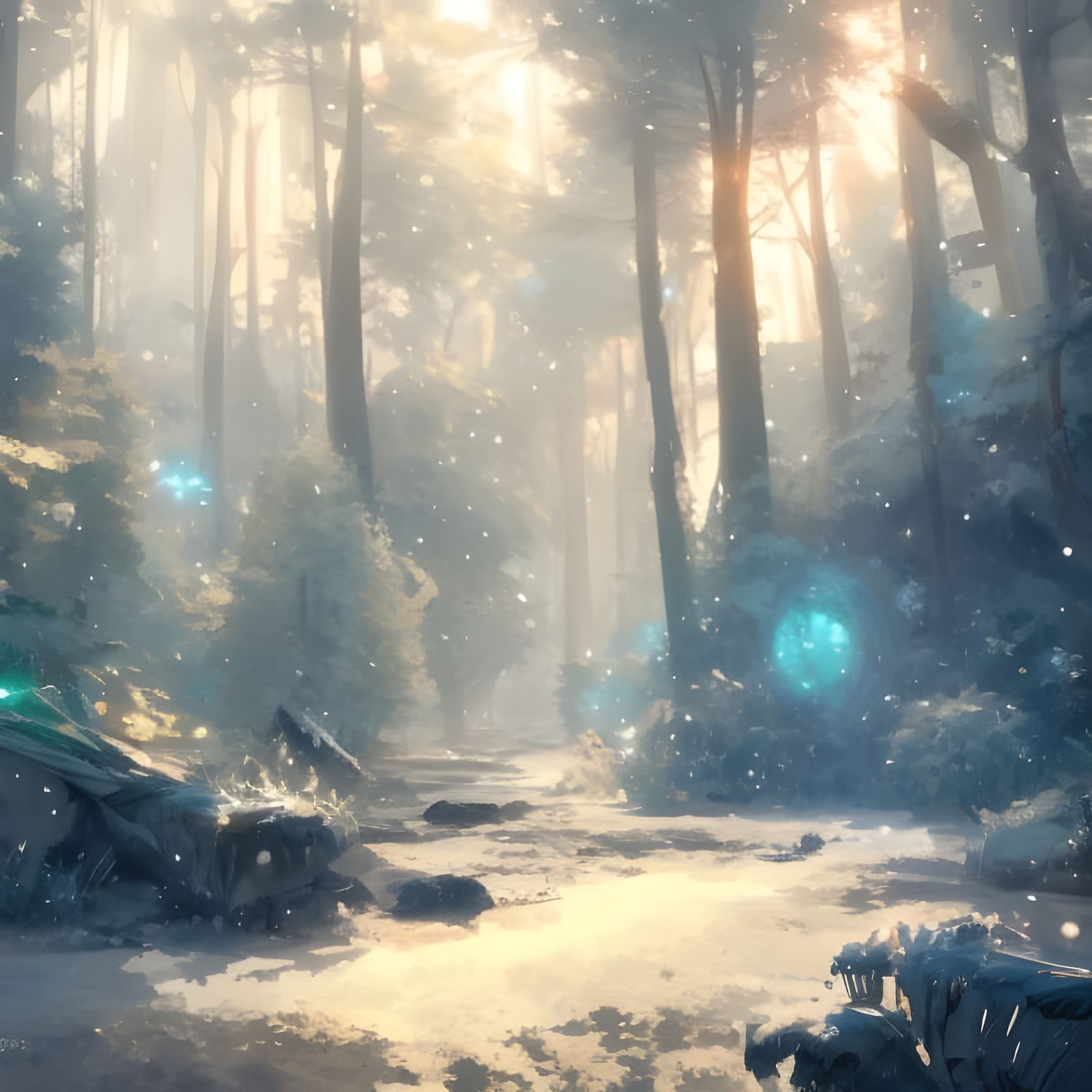 Snowy Forest Creek Under Starry Sky, Anime Art
