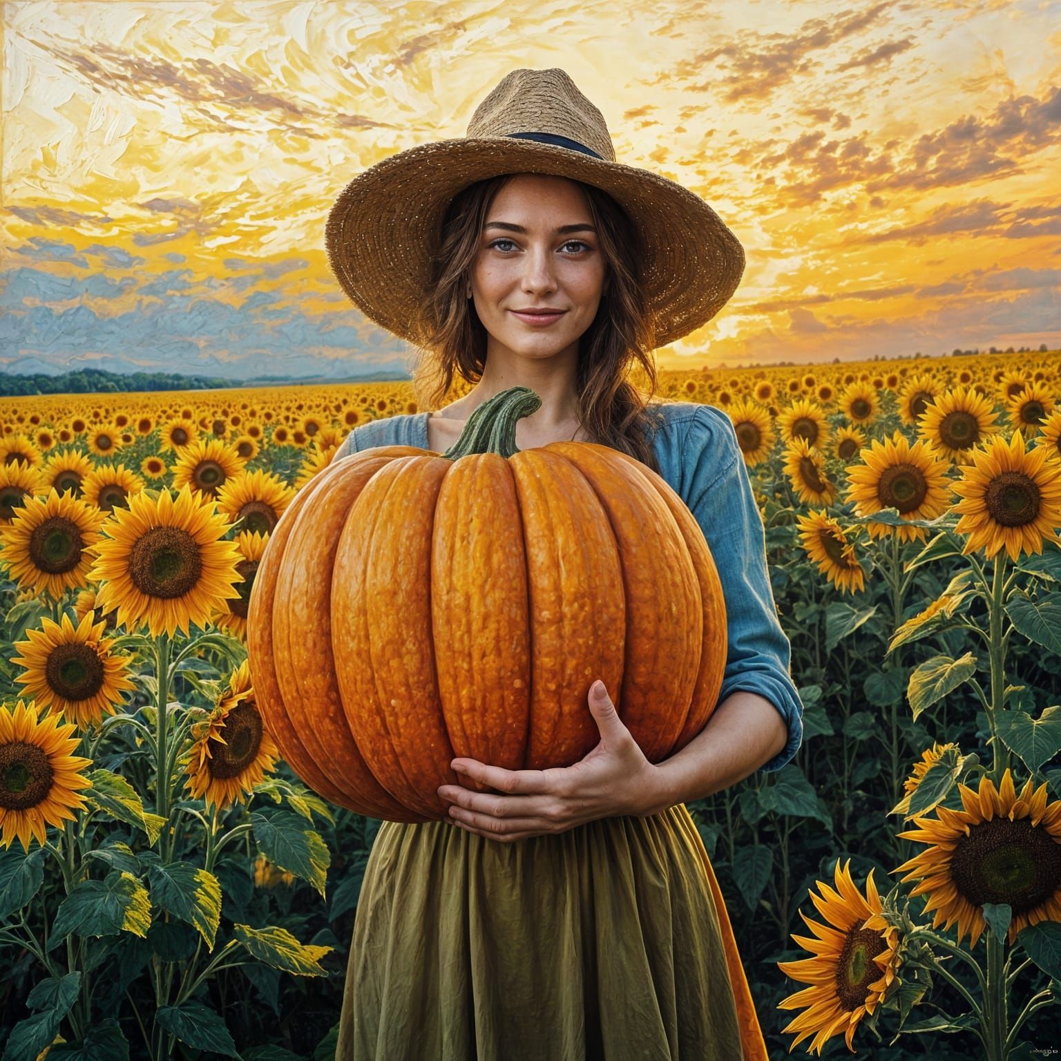 Impasto Autumn Scene: Woman with Giant Pumpkin in Sunflower ...