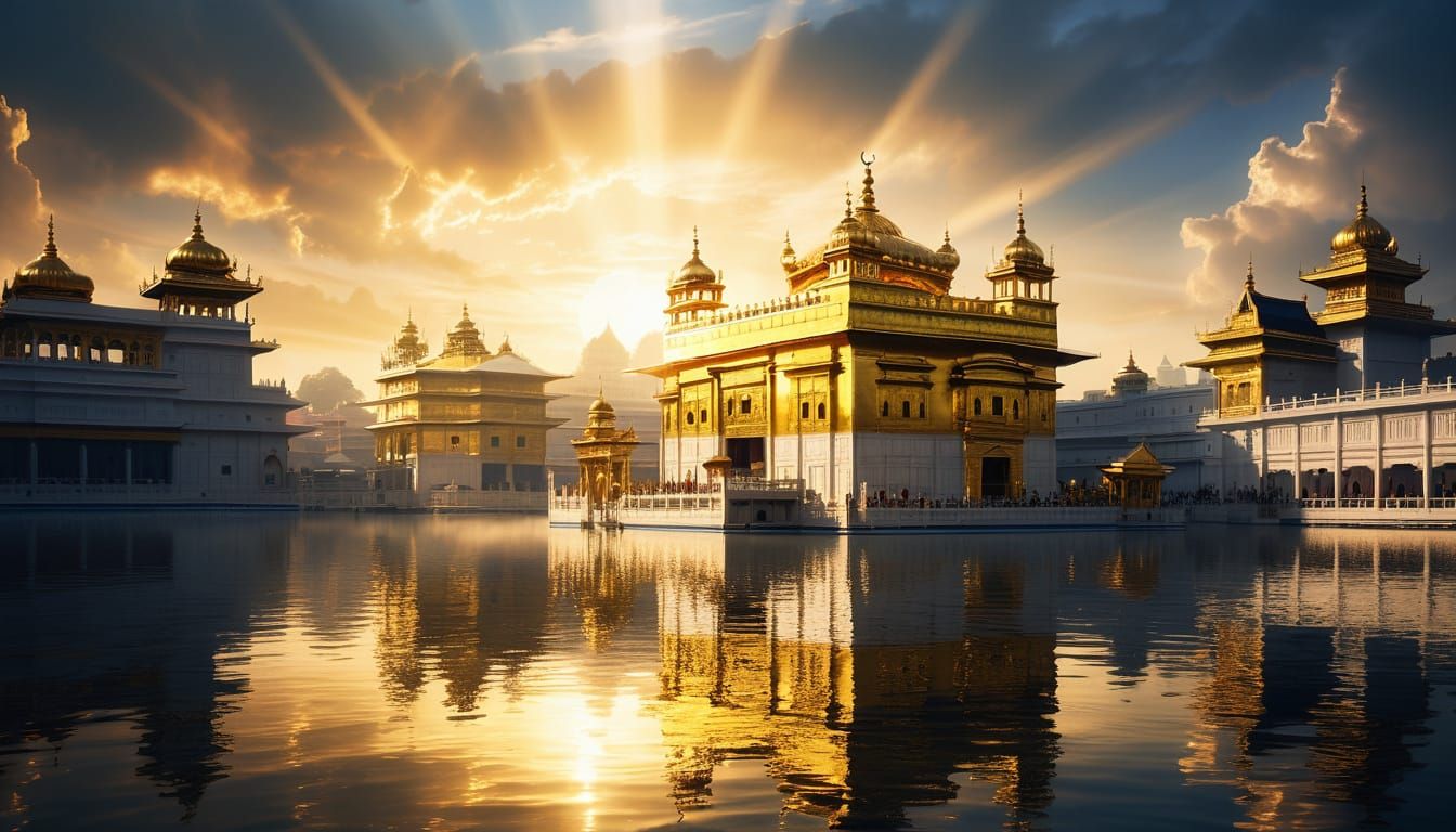 Golden Temple Crepuscular Rays: A Fantasy Scene