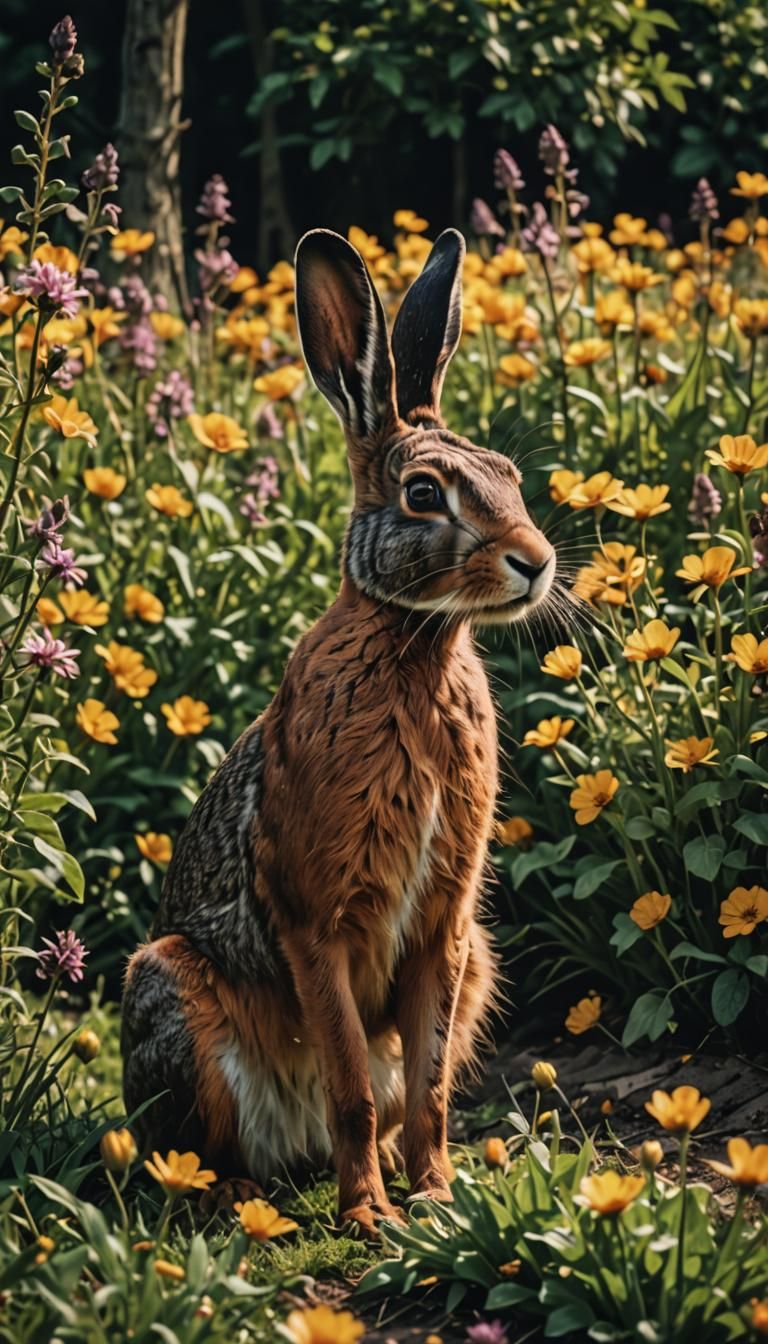 Belgian Hare Playing in Flowers: Cinematic Still