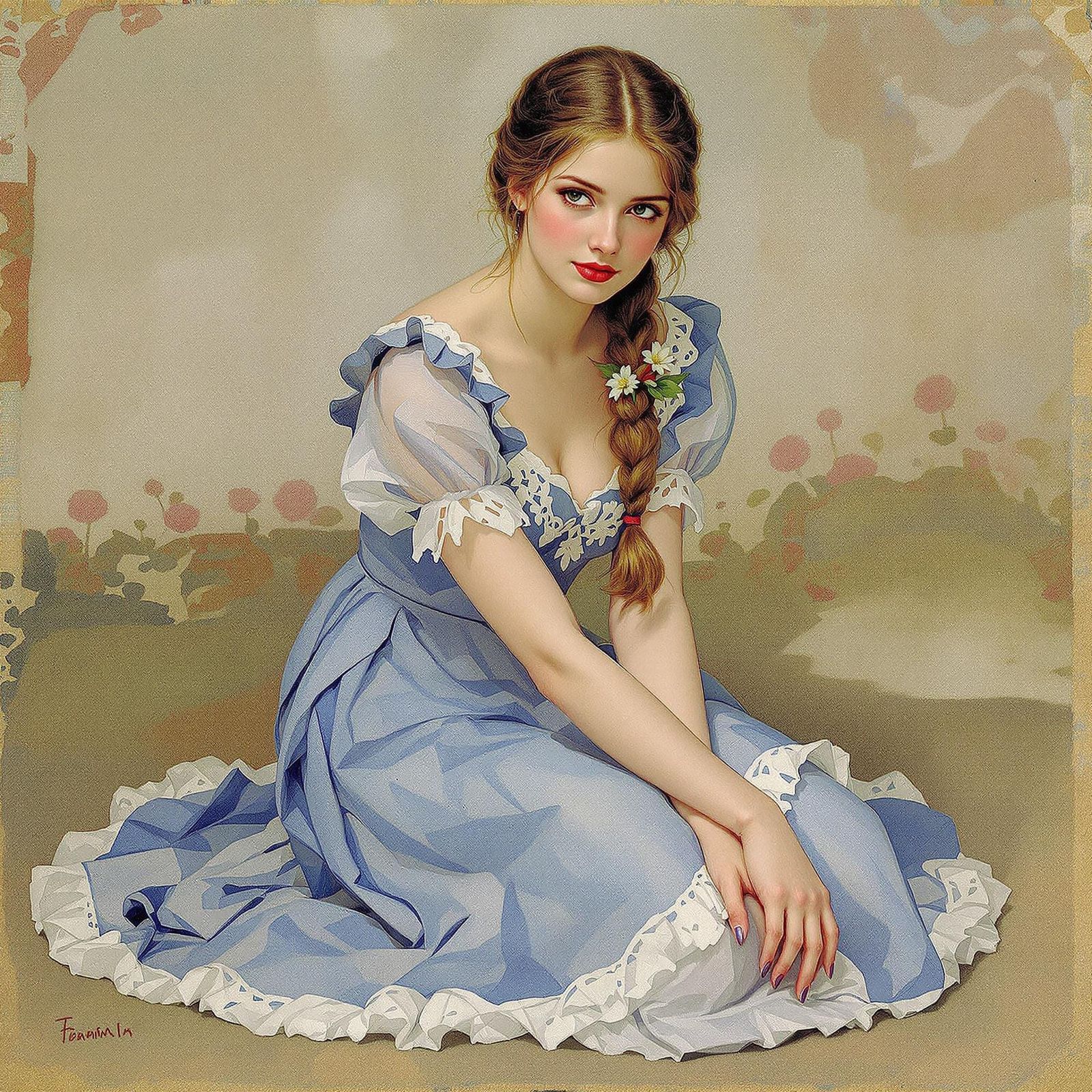 Woman in Elegant Summer Dress, Alphonse Mucha Style