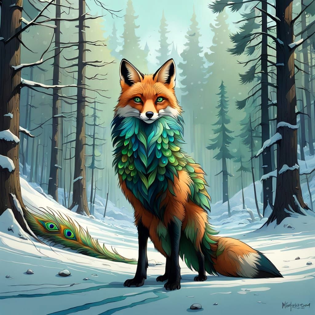 Majestic Fox with Peacock Tail Composition