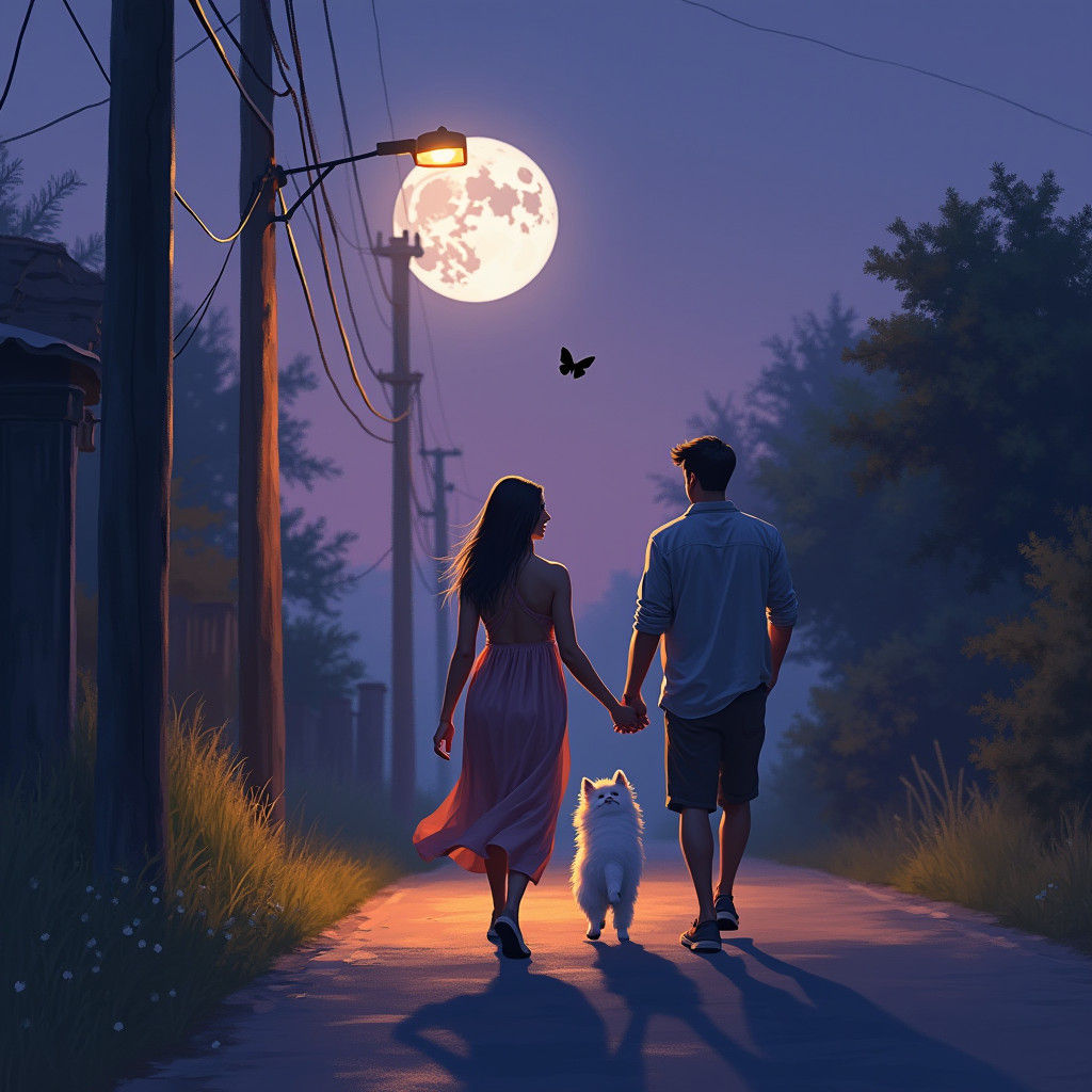 Romantic Couple's Evening Stroll with Puppy