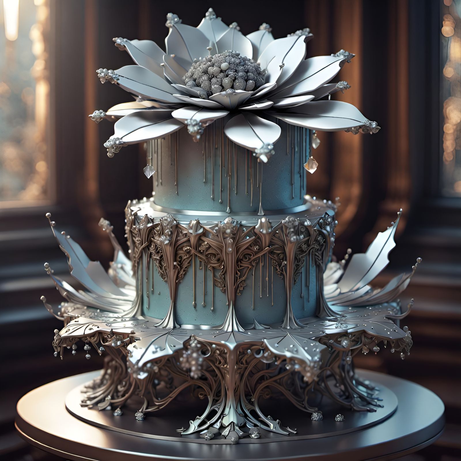 Metallic Crystal Cake Sculpture: Surreal Art