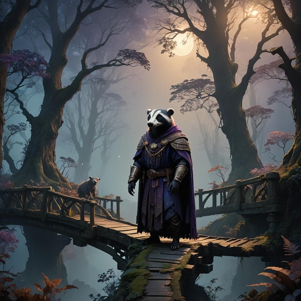 Humanoid Badger on Misty Bridge: Fantasy Art
