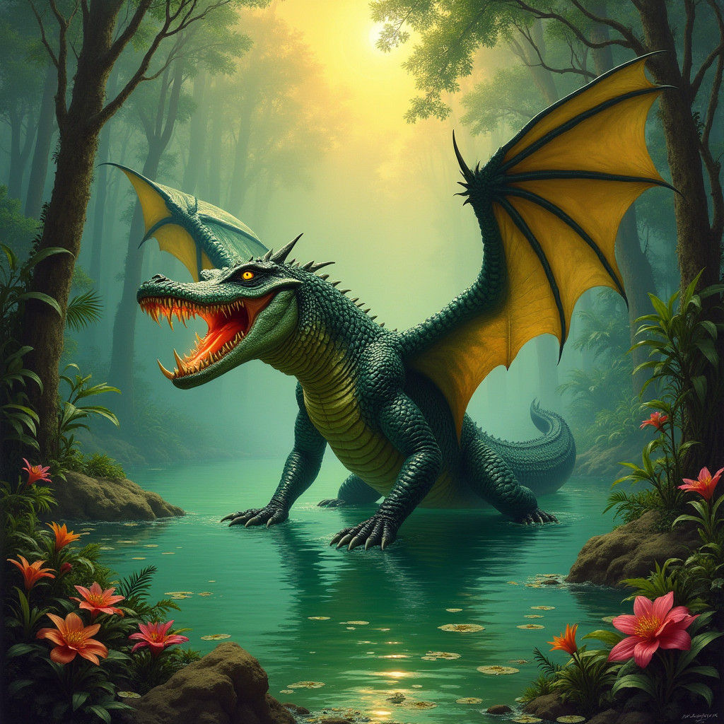 Crocodile Dragon Hybrid in Jungle, Frazetta Style