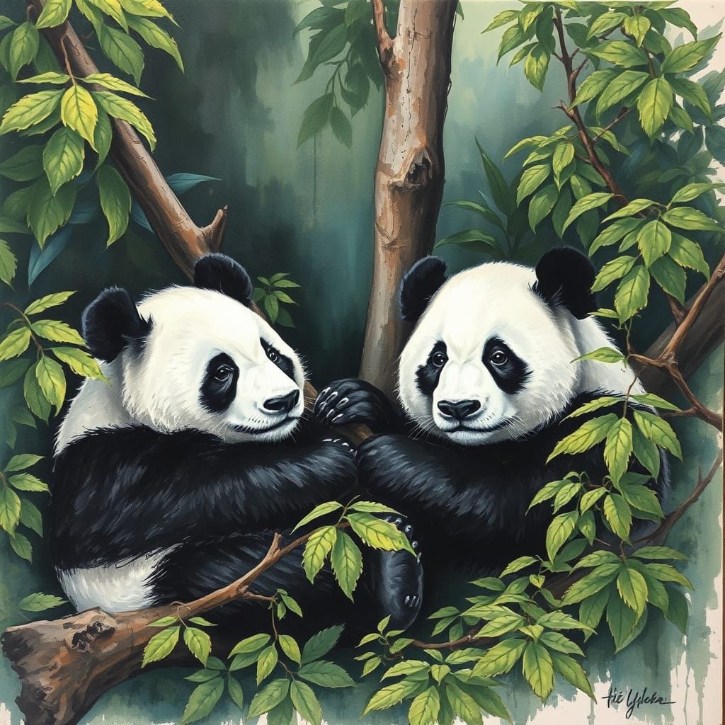 Epic Impressionist Masterpiece of Two Pandas Eating Bamboo