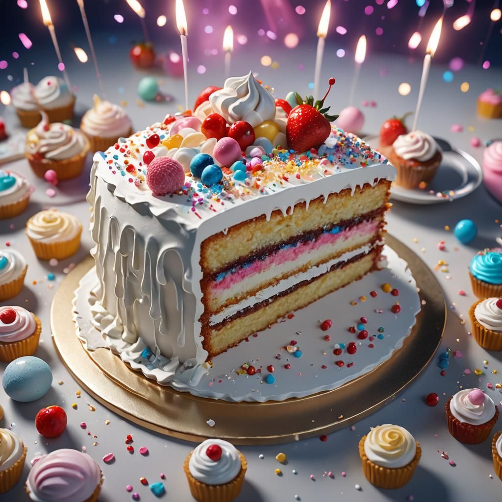 Hyper-Realistic 3D Anime Cake Slice with Sparkling Frosting