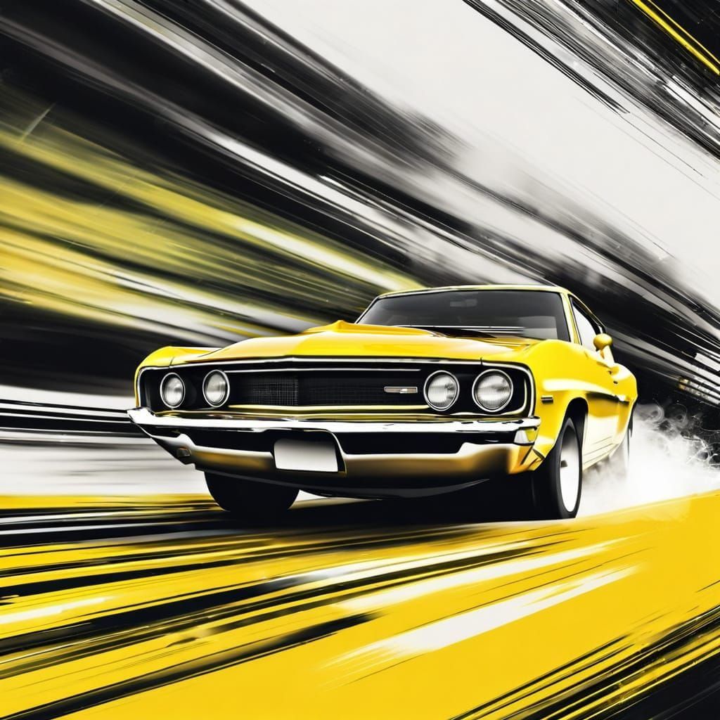 Yellow Muscle Car Speeds Through Surreal Grunge Landscape