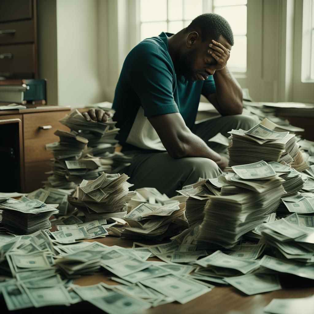 Devastated Man with Overdue Bills in Cinematic Style