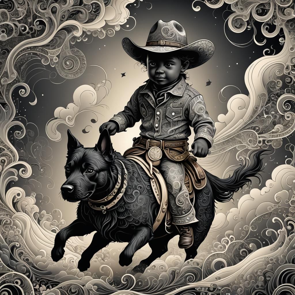 Baby Cowboy Riding Dog in Storm