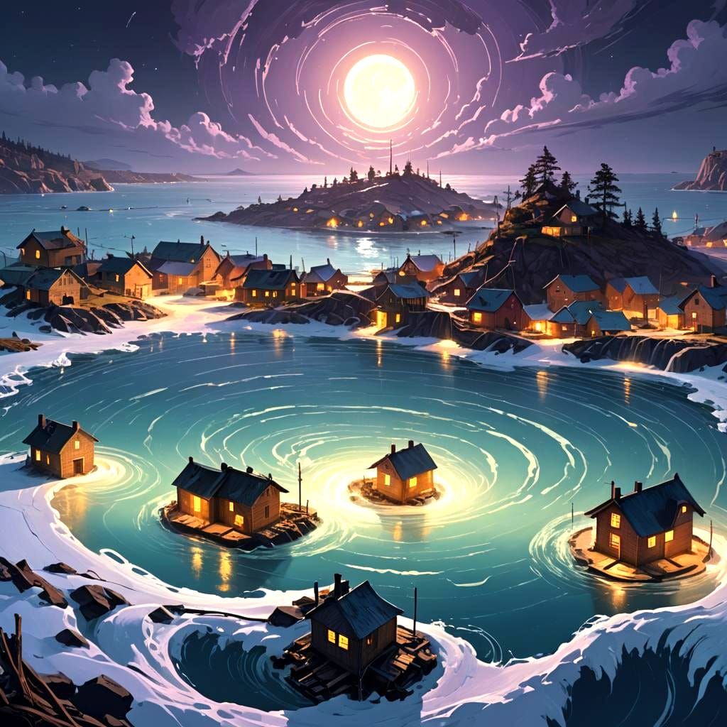 Underwater Whirlpool Village with Moonlit Interior