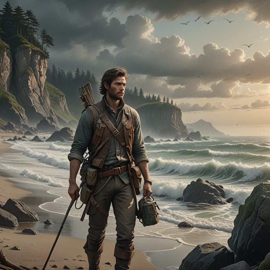 Heroic Fantasy Ranger Amidst Gentle Ocean Waves