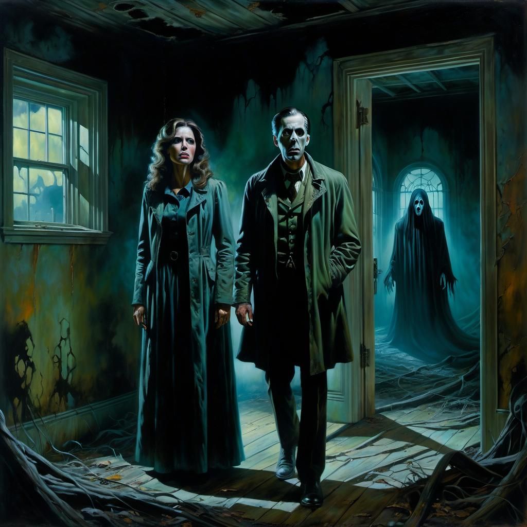 Terrified Couple Encounter Ghost in Asylum, Oil Painting