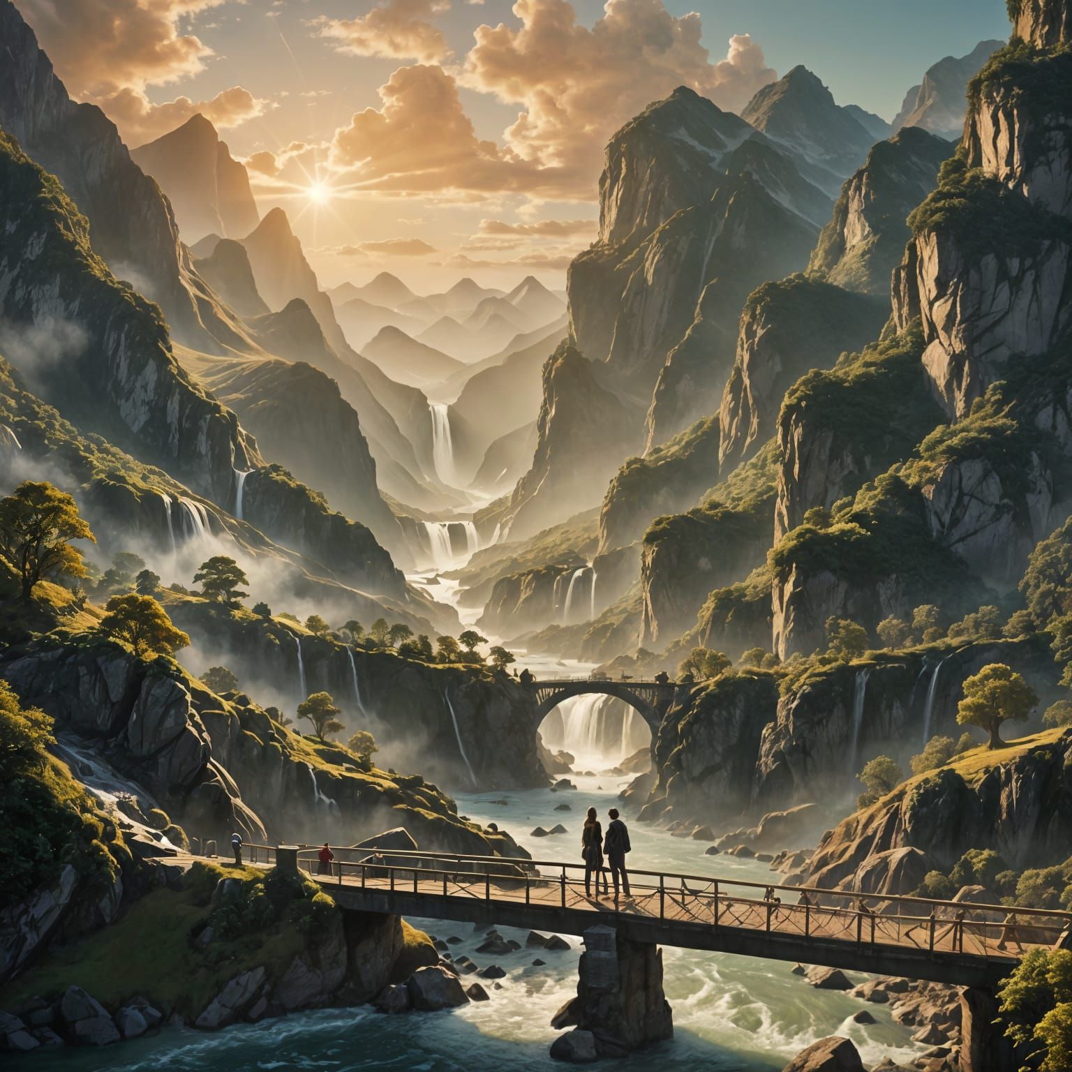 Couple on Bridge with Mountain View at Sunset