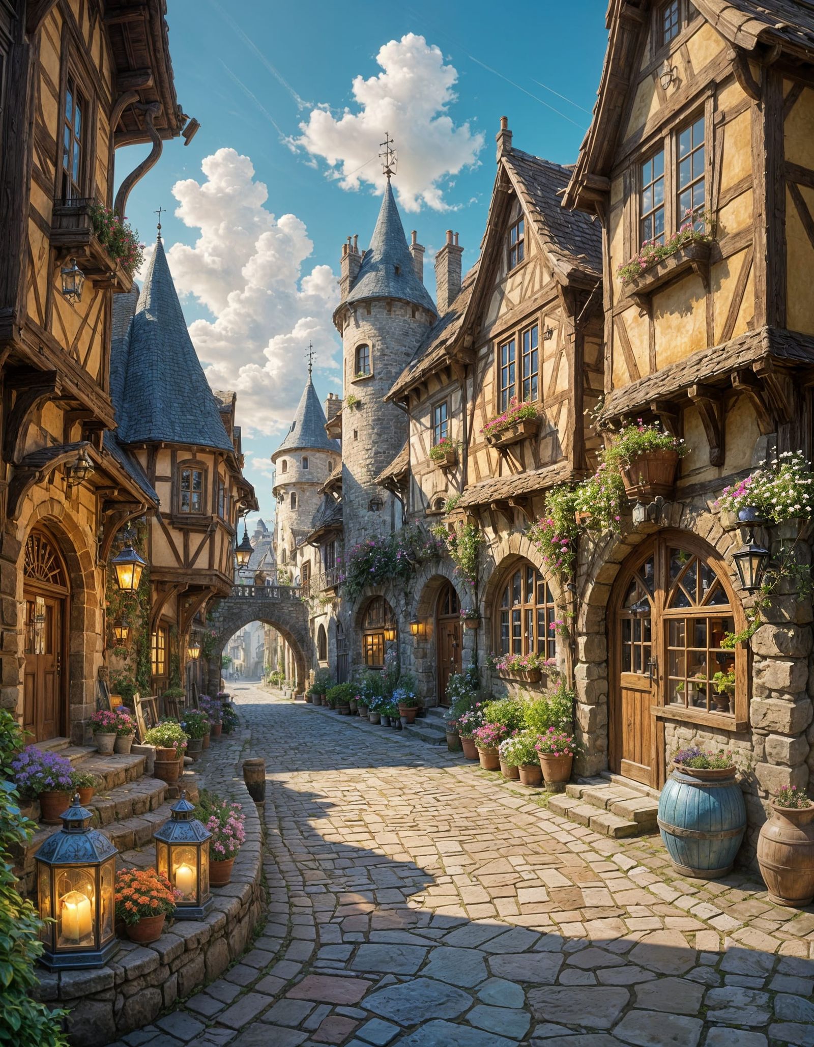 Idyllic Fantasy Village Street in Anime Style