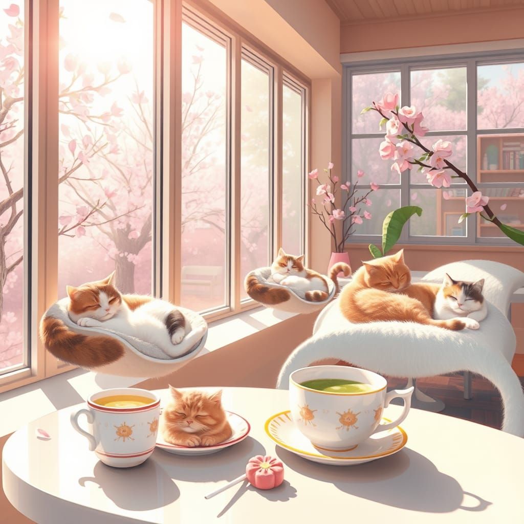 Sunlit Whimsy Cat Café in Pastel Hues and Cherry Blossoms