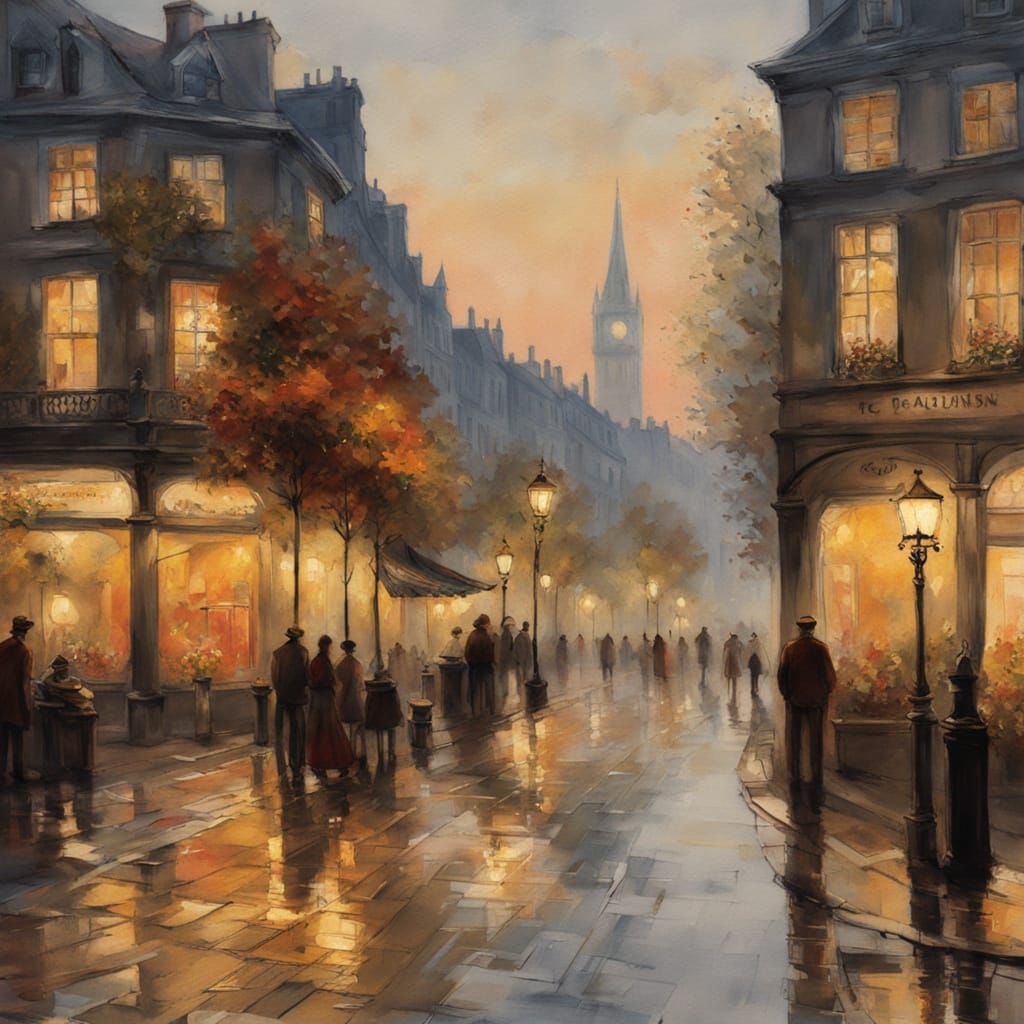 Evening Stroll in a Rainy European City