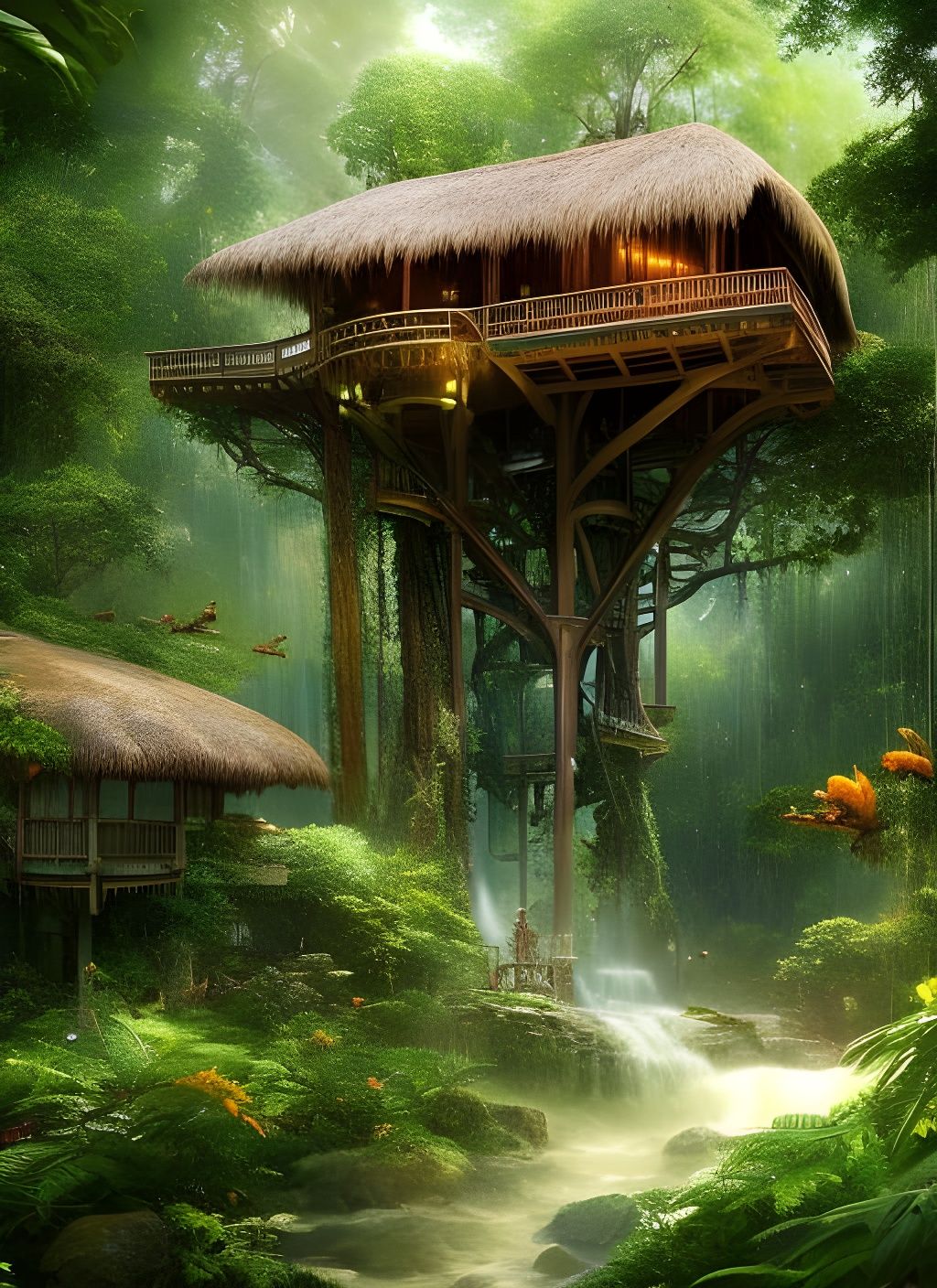 Lush Jungle Treehouse Paradise with Waterfalls