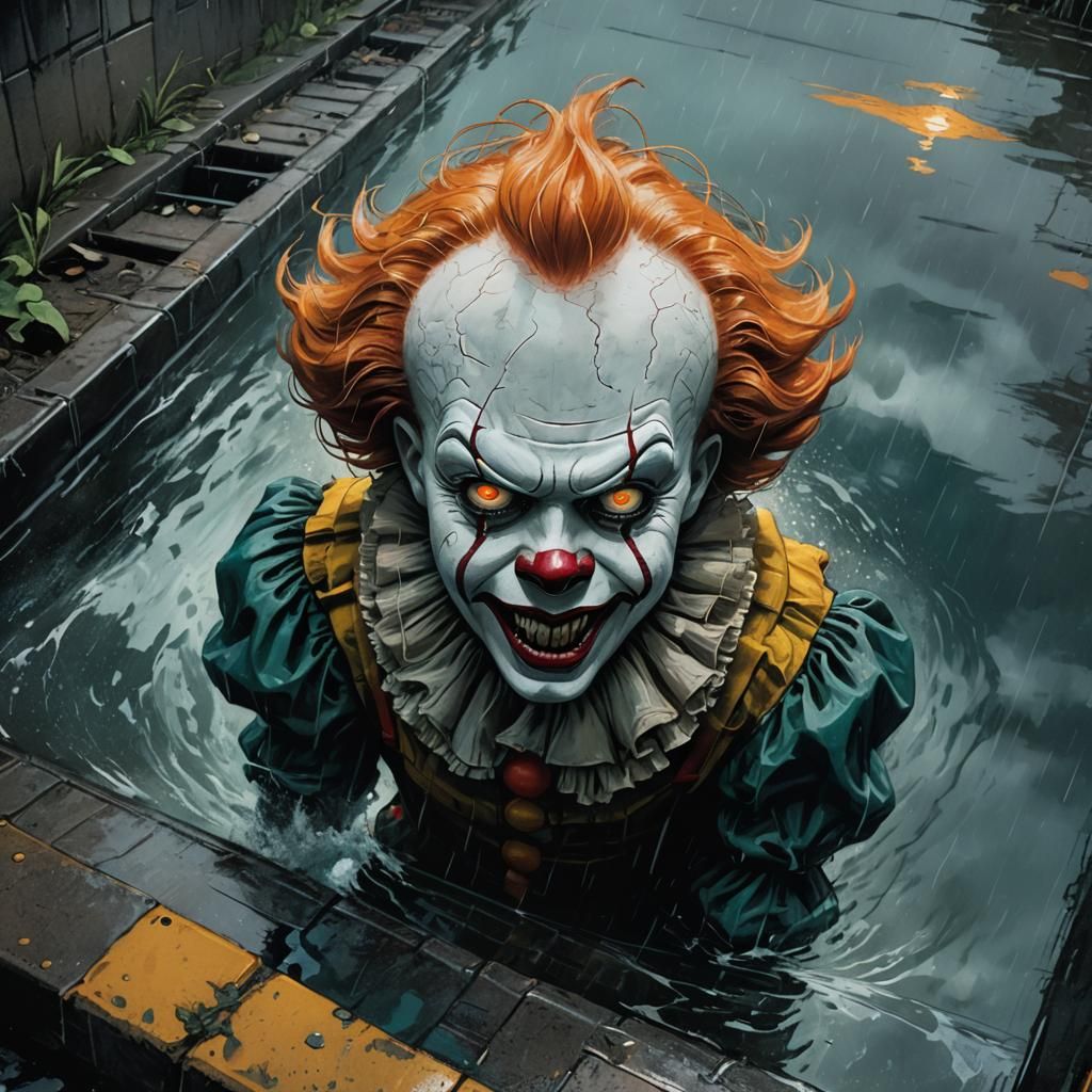 Menacing Pennywise in Surreal Storm Drain