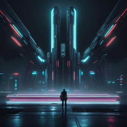 Futuristic Alien Refuels Spacecraft in Neon Cityscape