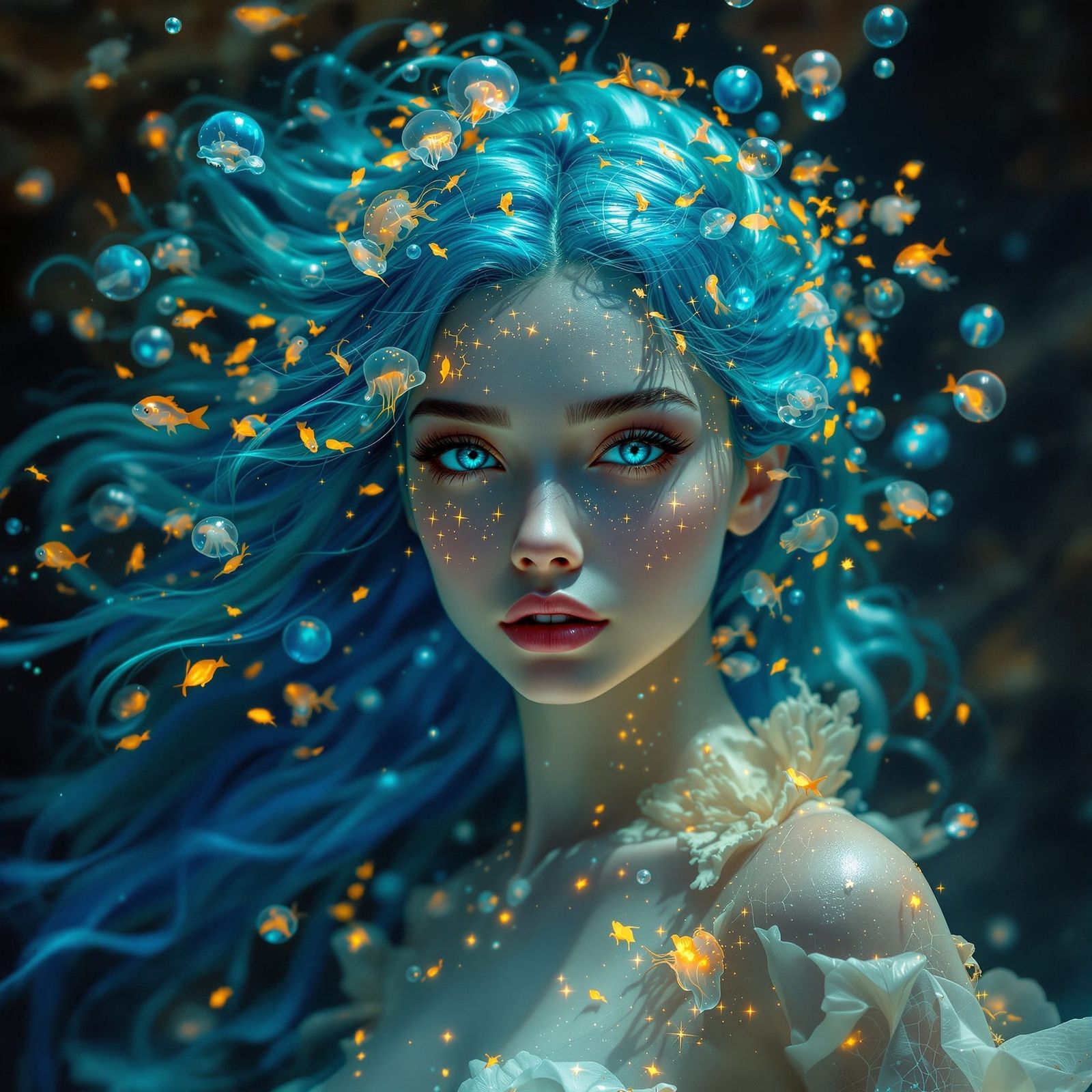 Ethereal Sea Spirit with Bioluminescent Companions