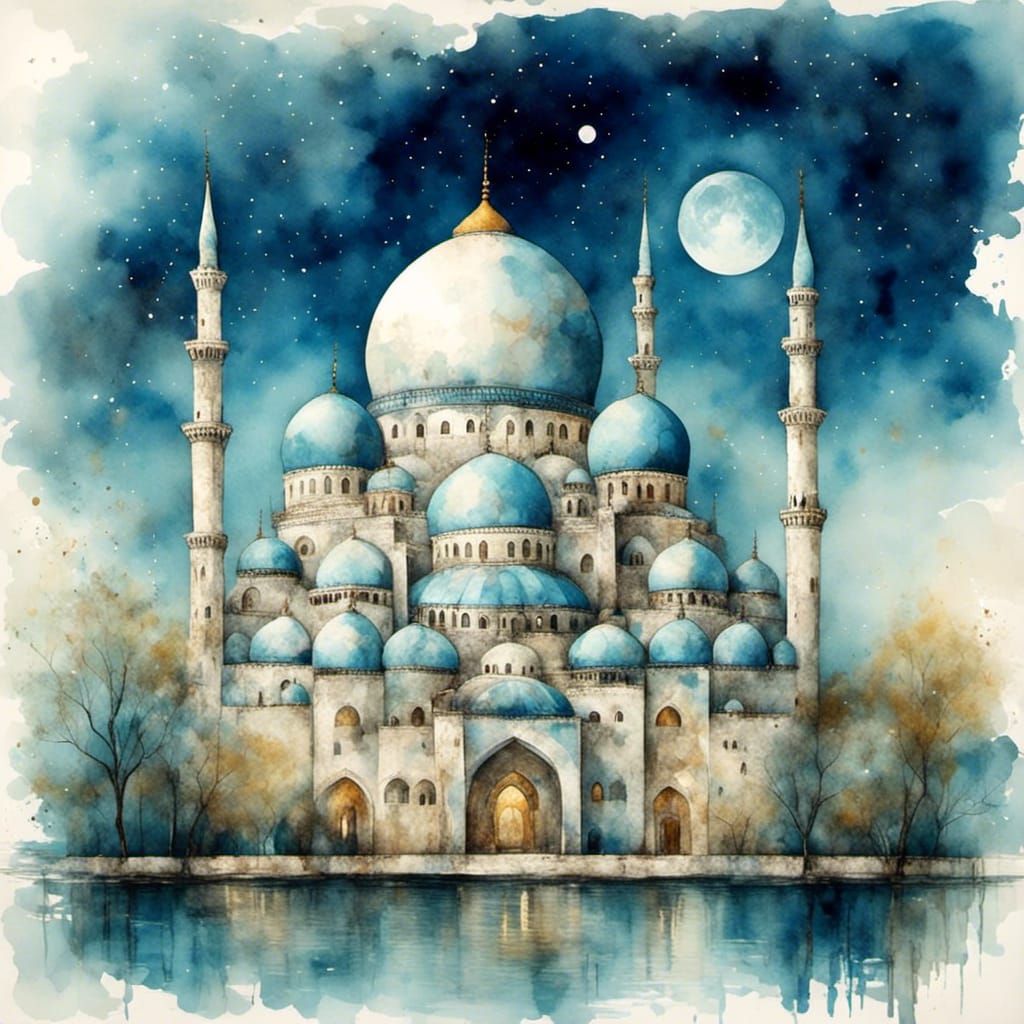 Moonlit Mosque in Van Gogh Style Watercolour