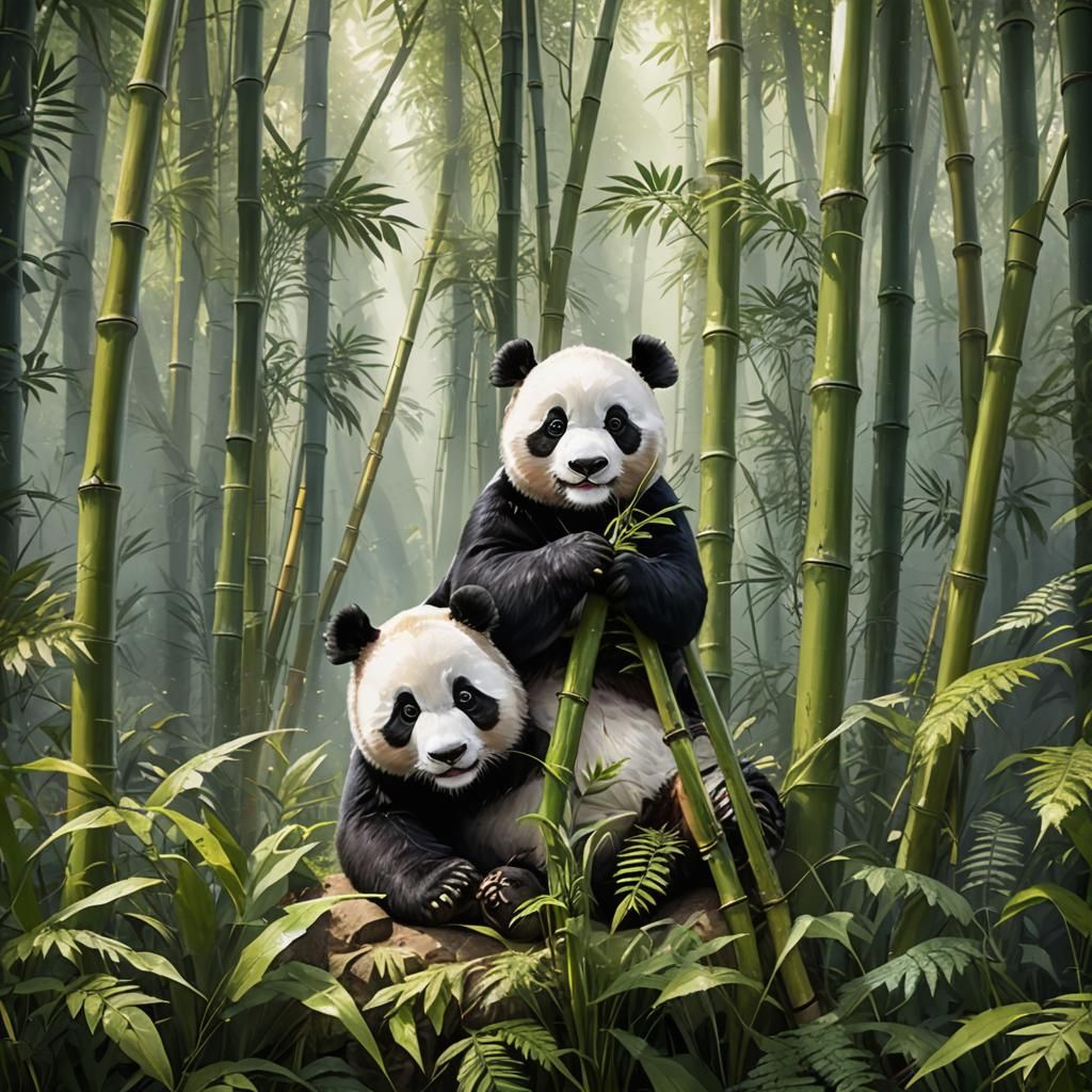Panda Munching Bamboo in Sunny Forest, Watercolor Style