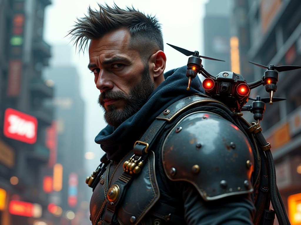 Cyberpunk Journalist in Metallic Armor