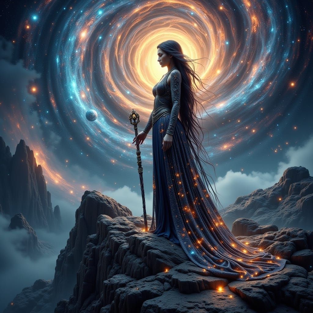 Celestial Sorceress Overlooking Swirling Galaxy
