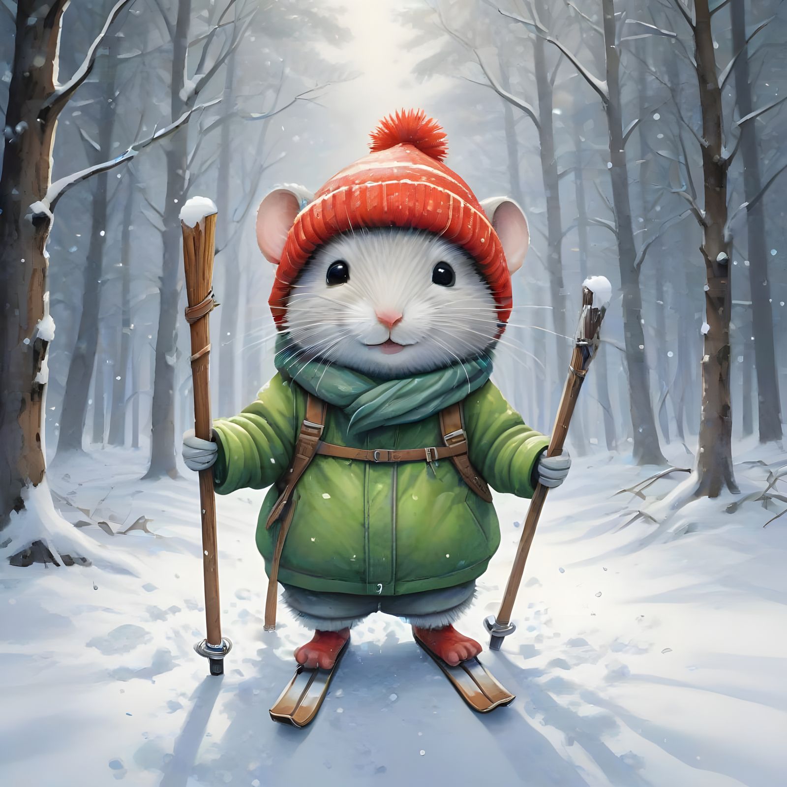 Mouse skiing through the woods