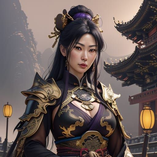 Elegant Female Samurai in Ornate Black and Gold Armor