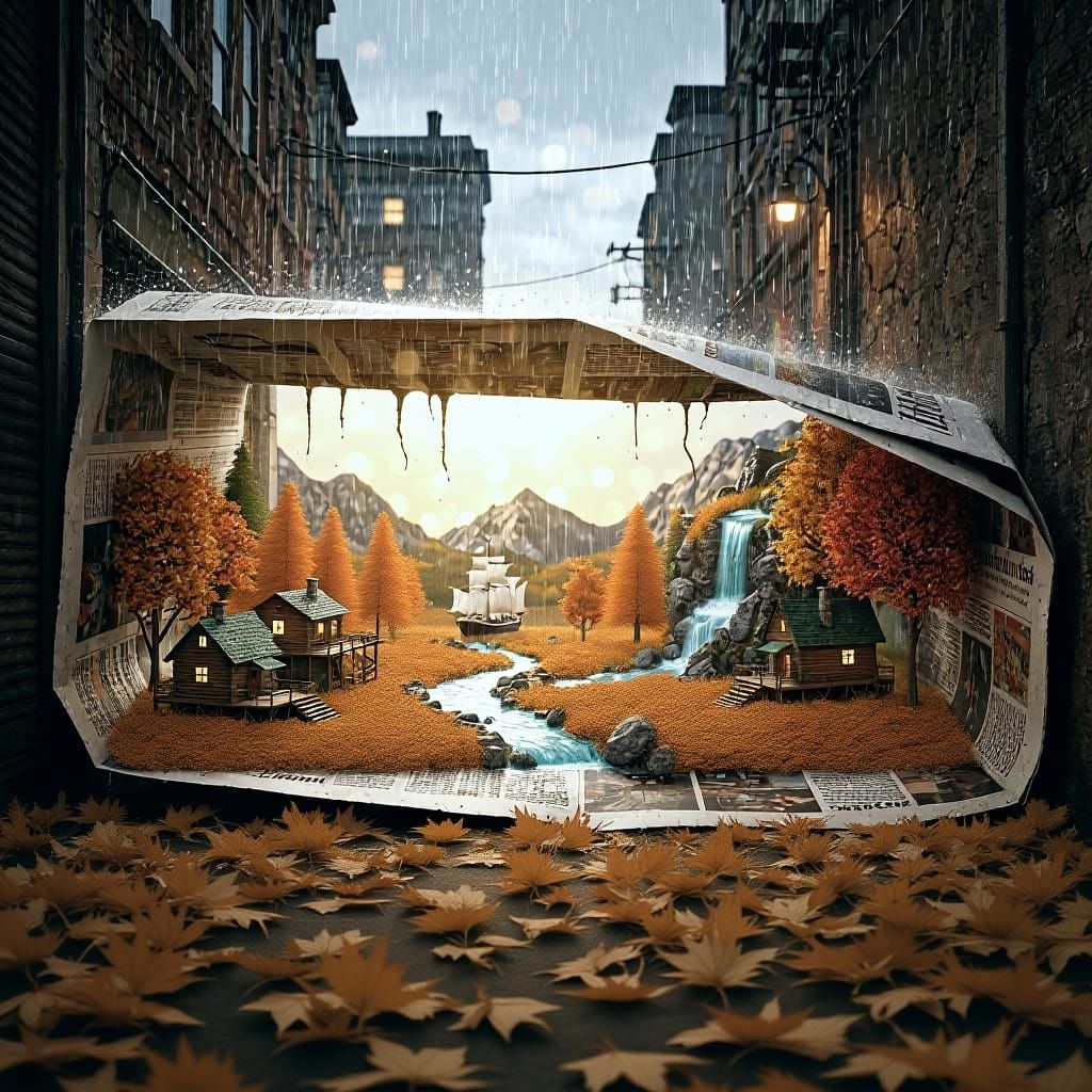 Vibrant Autumn Village Scene with Fallen Leaves