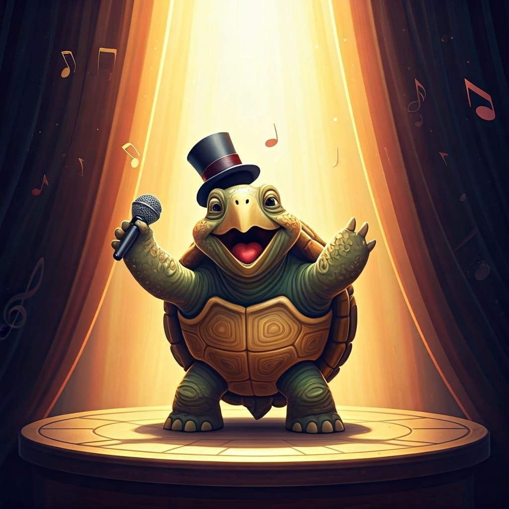 Singing Turtle on Stage in Cartoon Style