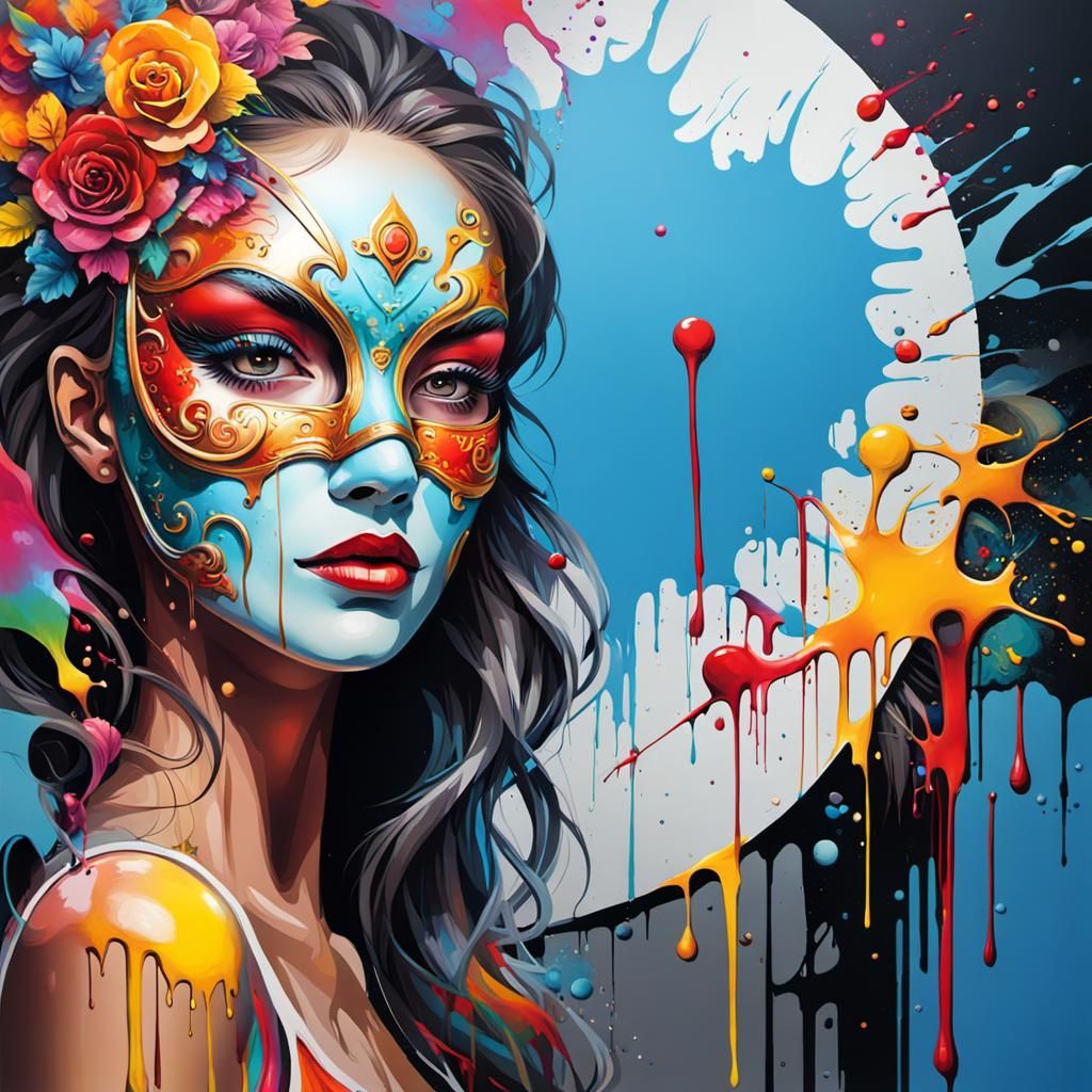 Masked Woman Gazing in Mirror: Graffiti Splash Art