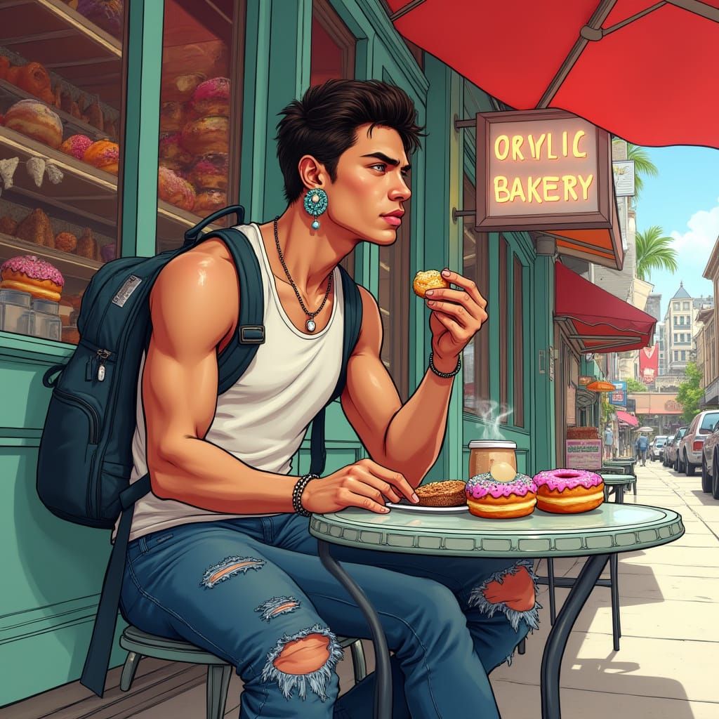 Asian Man Enjoying Donuts in Comic Book Style