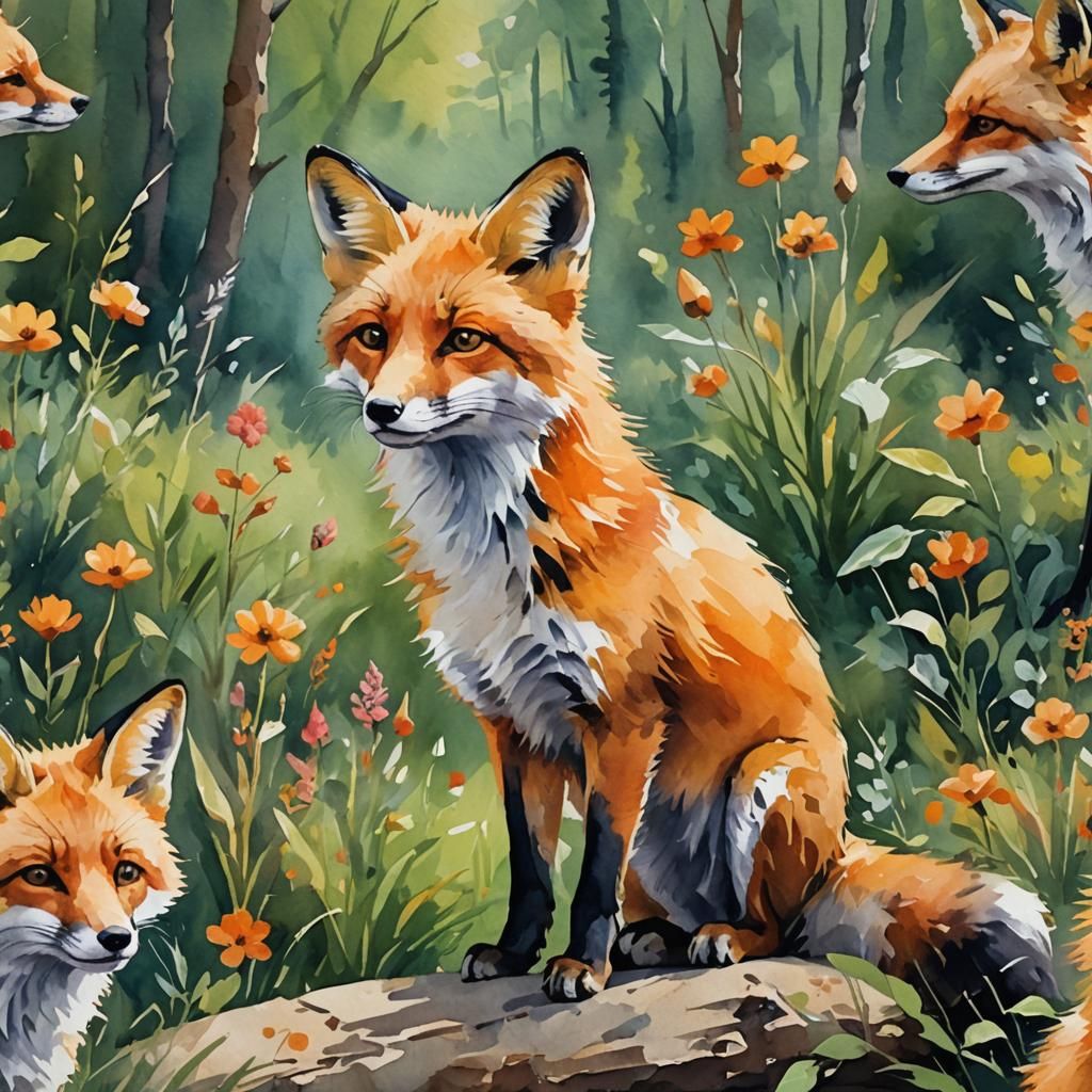 Cute Fox in Gouache Style Watercolor