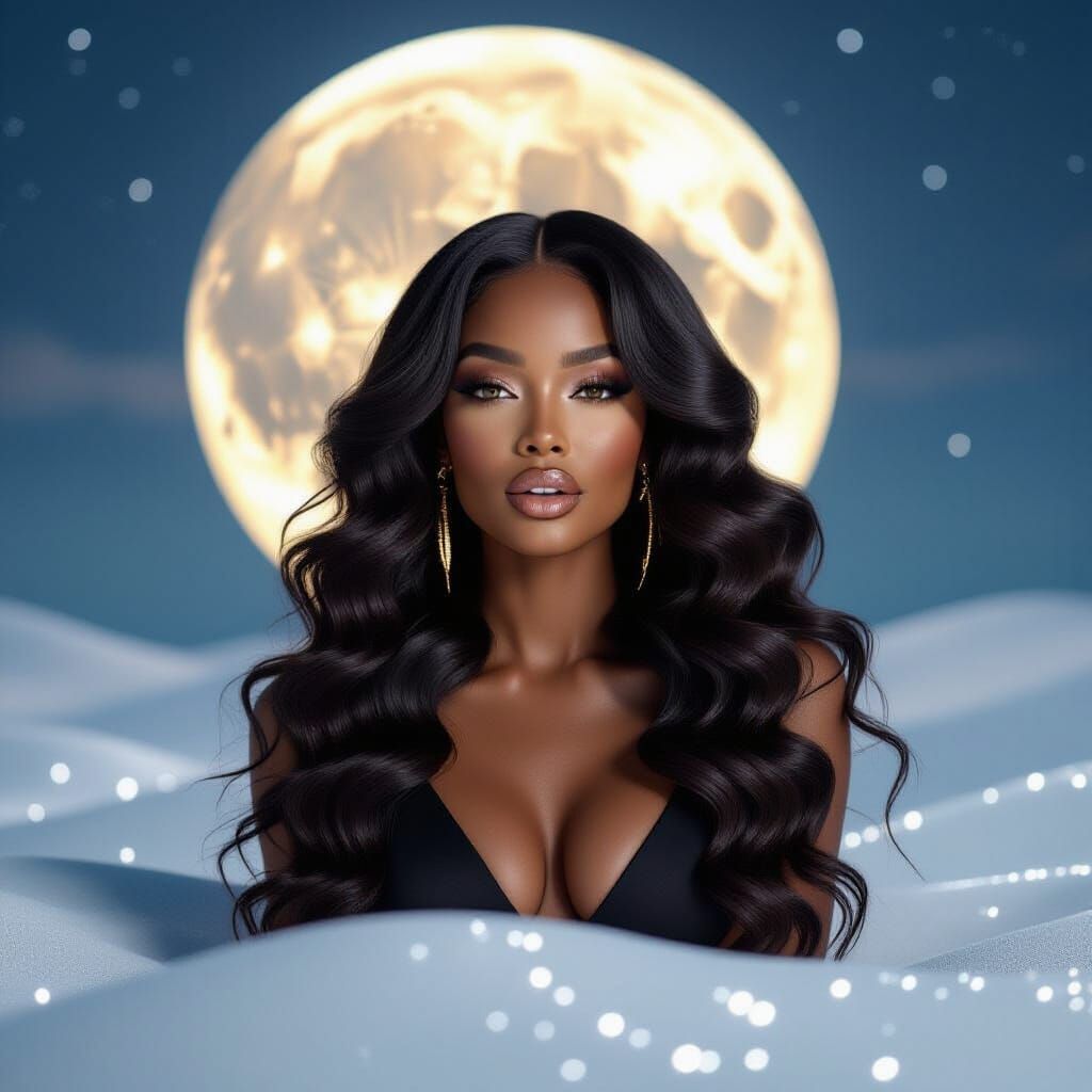 Photorealistic Portrait of Elegant Black Woman Under Full Mo...