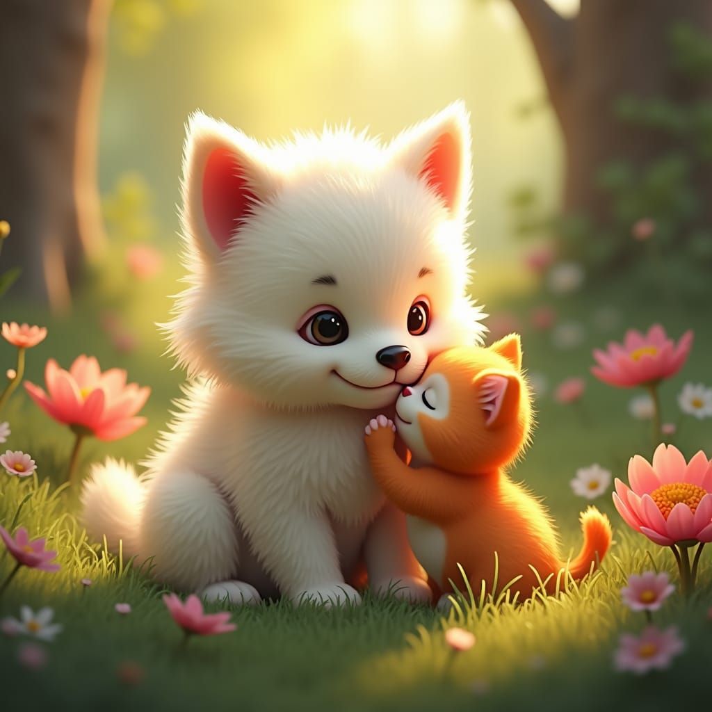 Puppy and Kitten's Dreamlike Forest Embrace