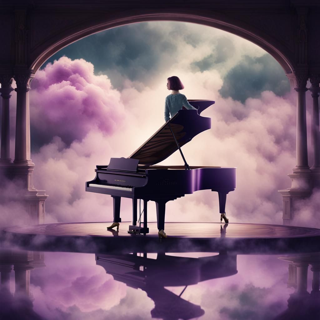 Woman on Piano with Cloud Bridge in Magic Realism