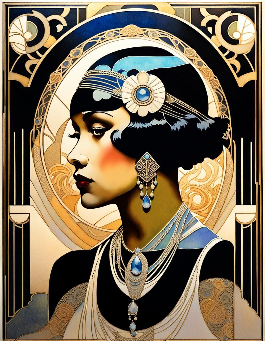 Art Deco Flapper Portrait in Art Nouveau Style