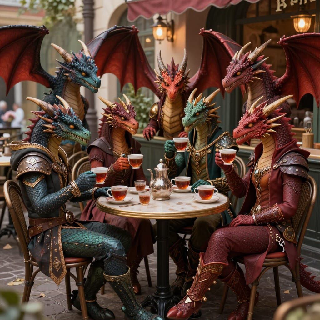 Dragons in D&D Outfits Enjoy Tea at Outdoor Cafe