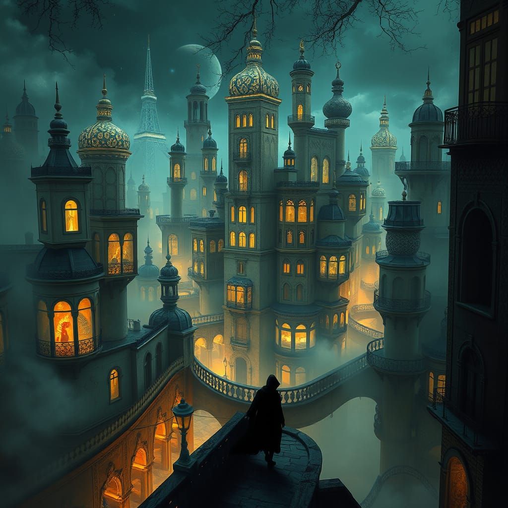 Surreal Cityscape in Dreamlike Film Noir Style