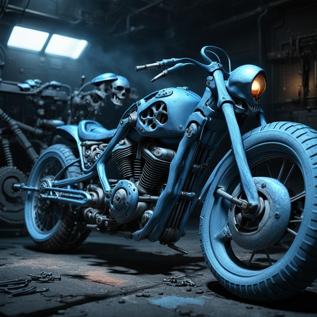 Alien Skeleton on Motorcycle in Abandoned Garage