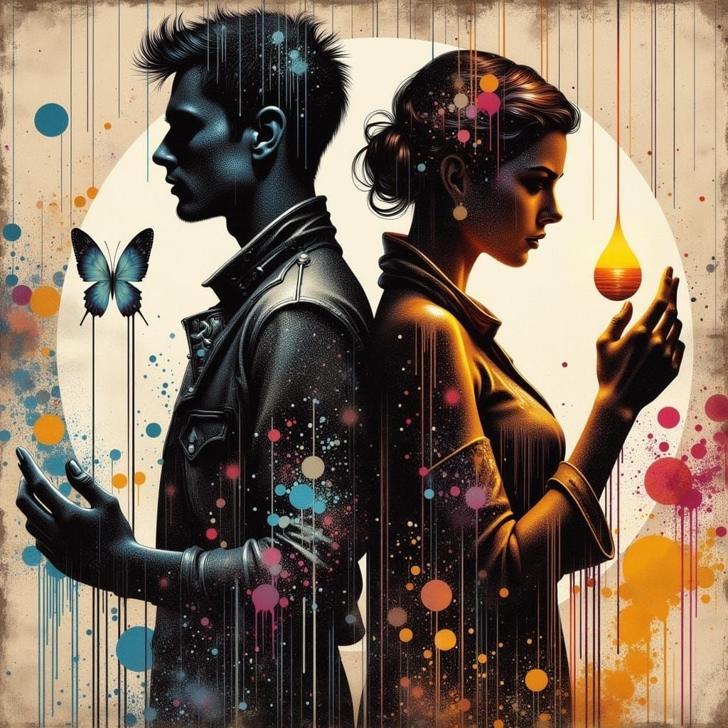 Figures with Pendant in Art Deco Paint Splatter Style